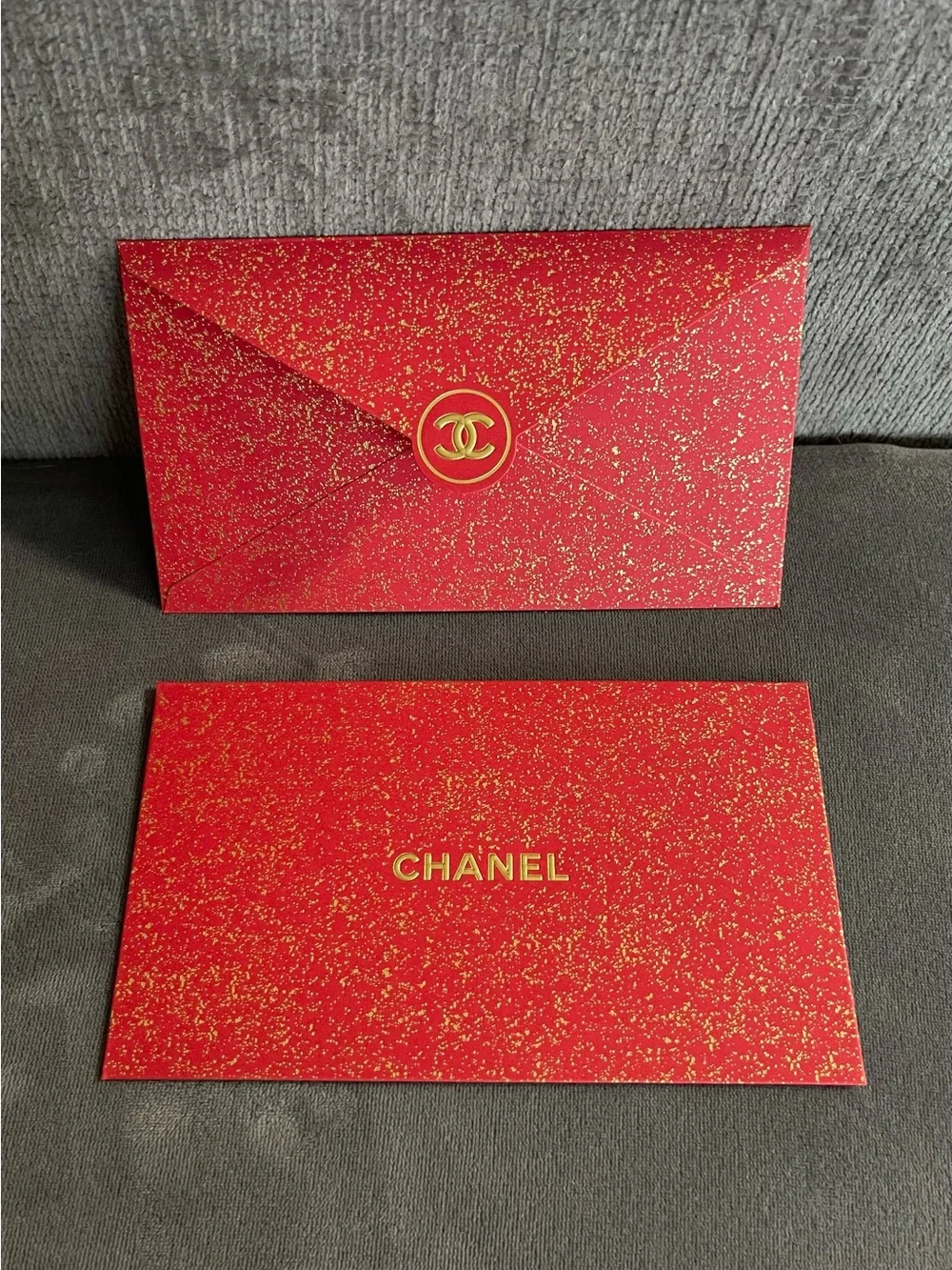 CHANEL Red Glitter Envelope with Gold CC Logo